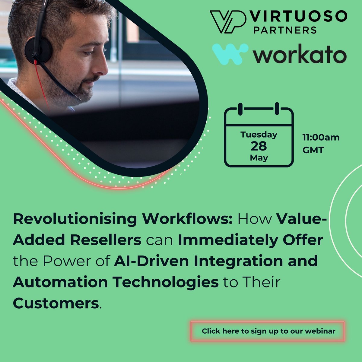Sign up for our latest webinar where we are providing Value-Added Resellers with:
👩‍💻The benefits AI solutions add to your customers.
🤖A demo from a customer view.
🔨Objection handling tools.

Join us and <a href="/Workato/">Workato</a> on 28/05/24 at 11:00am zoom.us/webinar/regist… 
#AI #tech #webinar