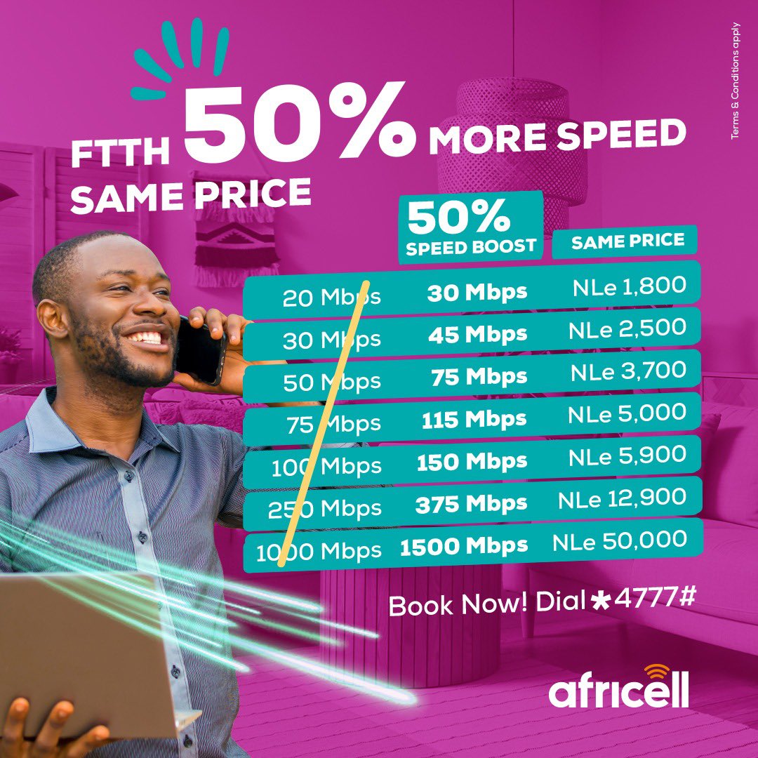 Enjoy 50% More Speed⚡at the same Price of the best and fastest fiber to the home internet- FTTH service with #AfricellSL🚀.

Do more on the internet with more options at affordable prices👍🏽. 

Dial/Call *4777# or 4777 📲 to book your FTTH plan💡. 

T&C Apply🙏🏾.

#SaloneTwitter