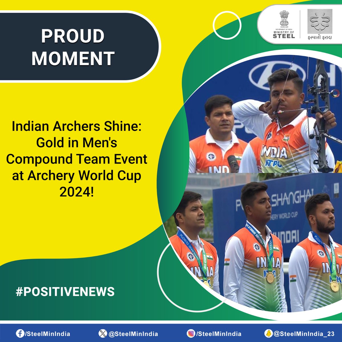 #Abhishek, #Priyansh & #Prathamesh secured #gold in Men's Compound Team Event at the #ArcheryWorldCup2024, defeating the Netherlands. Priyansh also clinched #silver in the Men's Individual Compound Event. Congratulations on this incredible win!🇮🇳🏹🥇🥈 #PositiveNews