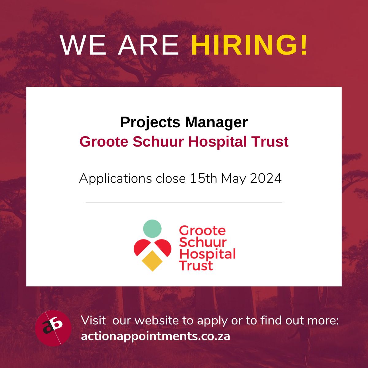 VACANCY! Action Appointments is recruiting a Projects Manager for @gsh_trust based in Observatory.

For more information, visit the link below:
actionappointments.co.za/vacancies/groo…

#hiring #projectsmanager #publichealth #development #staffmanagement #stakeholdermanagement #hybridjobs