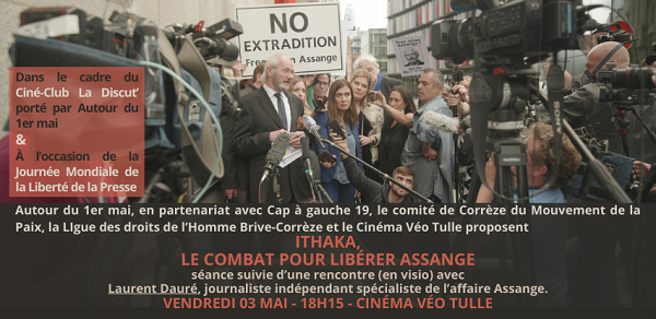 Projection-débat #Assange demain vendredi (18h15) au cinéma Véo à #Tulle avec @IthakaMovie, organisée par @autourdu1ermai à l’occasion de la Journée mondiale de la liberté de la presse. La discussion sera animée par Laurent Dauré (en visio). Infos : autourdu1ermai.fr/article338.html