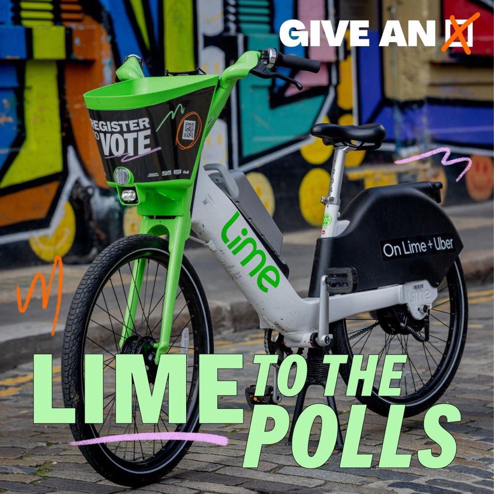 ITS LOCAL ELECTION DAY #GiveAnX is pushing out the the youth vote across the country. 🚲 Lime to the Polls Campaign offering free 15 minute rides to the polls for young people. 🙌🏽 Taking over screens in public spaces. 🔈 Digital drive reminding young people to bring ID!