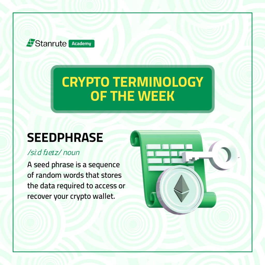 Our #crypto terminology for the week is Seedphrase

A #seedphrase, also known as a mnemonic phrase, is a list of 12 to 24 randomly generated words that serves as a backup for your cryptocurrency wallet.

#stanruteacademy #cryptoeducation