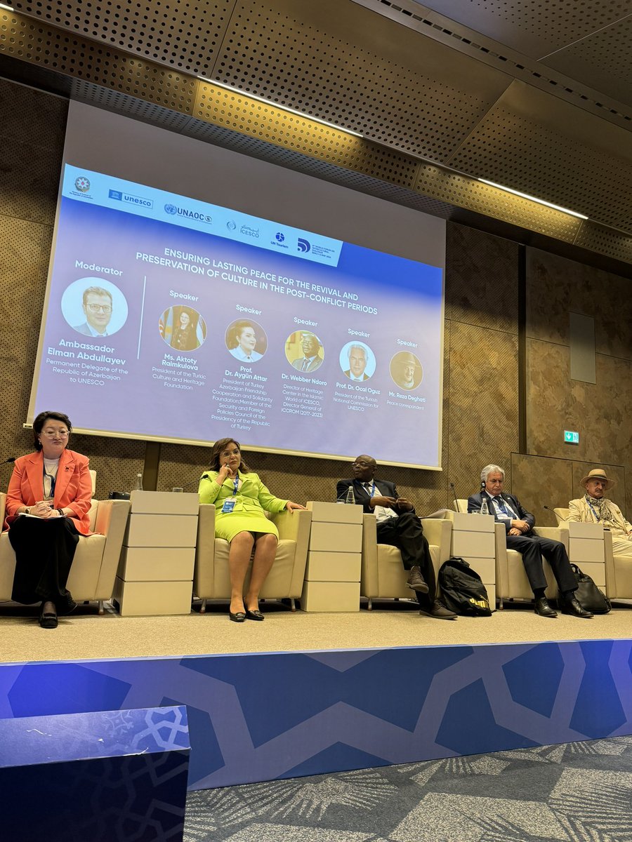@_TCHF president A.Raimkulova took part in 'Ensuring lasting peace for the revival & preservation of culture in the post-conflict periods” panel during the VI #WorldForum on #InterculturalDialogue. Contribution of Turkic states & Foundation to #Karabakh restoration was underlined