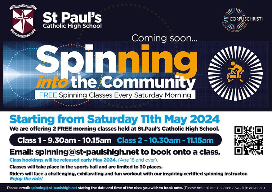 Free spinning classes starting in May on Saturday mornings. See poster for how to book onto the free classes #wythenshawe #belongbelieveachieve