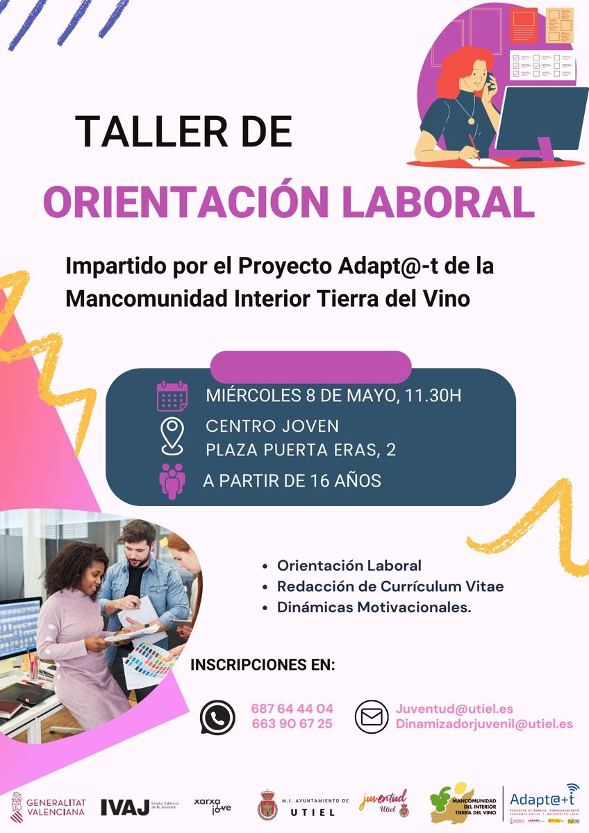 📣𝐓𝐀𝐋𝐋𝐄𝐑 𝐃𝐄 𝐎𝐑𝐈𝐄𝐍𝐓𝐀𝐂𝐈𝐎́𝐍 𝐋𝐀𝐁𝐎𝐑𝐀𝐋 📆8 de Mayo🕡11:30 h📍Centro Joven Utiel 👩🏼‍🤝‍👨🏽A partir de 16 años. ✔️Organizado por #JuventudUtiel con colaboración de @MITierradelVino ⤵️Inscripciones bit.ly/FormularioTall… ➕ Info 📲687 64 44 04📥juventud@utiel.es