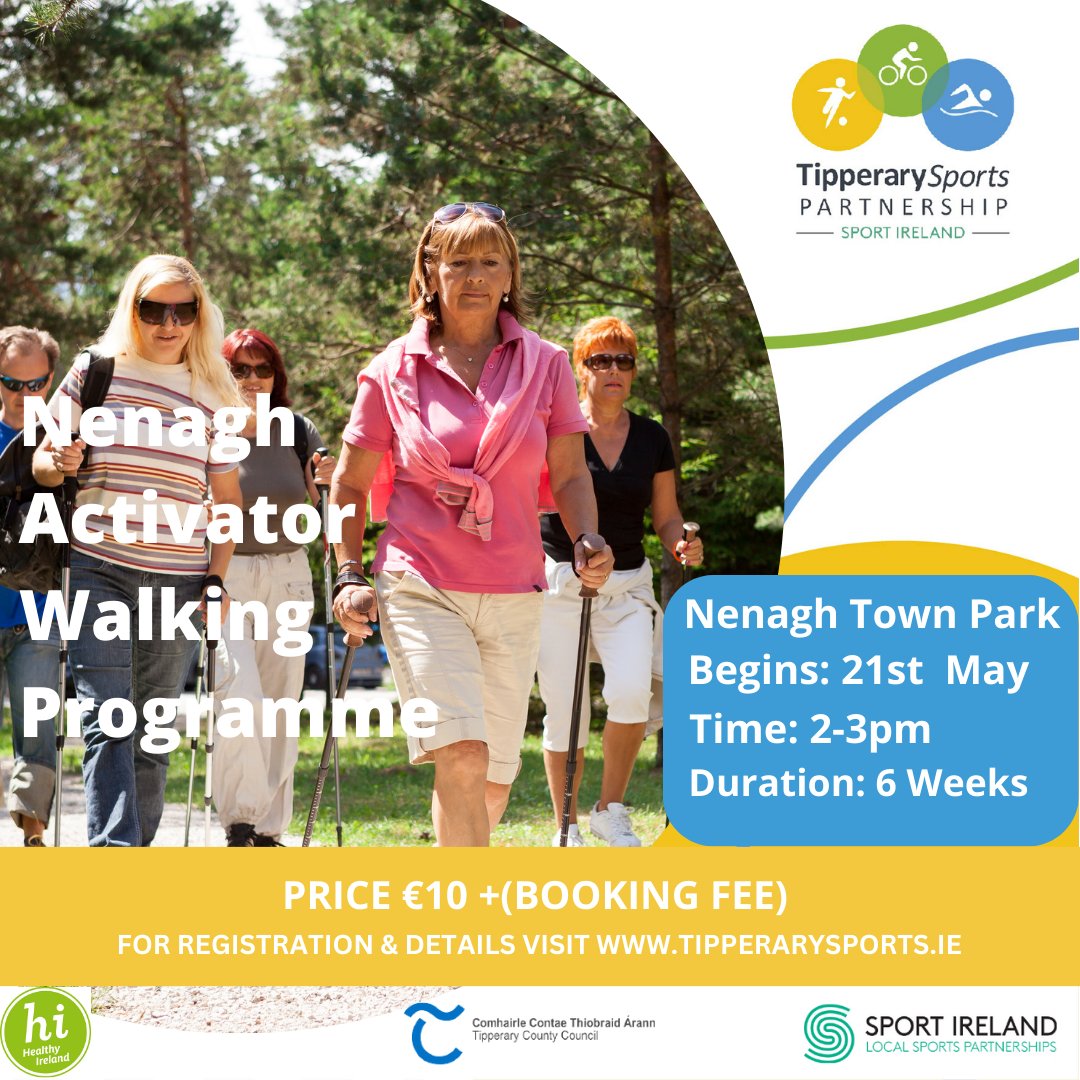 A 6 week 𝗔𝗰𝘁𝗶𝘃𝗮𝘁𝗼𝗿 𝗪𝗮𝗹𝗸𝗶𝗻𝗴 𝗣𝗿𝗼𝗴𝗿𝗮𝗺𝗺𝗲 will be starting on May 21st in Nenagh. 😀🚶 🔗bit.ly/3xN8Paa #beactivetipperary #activatorwalking