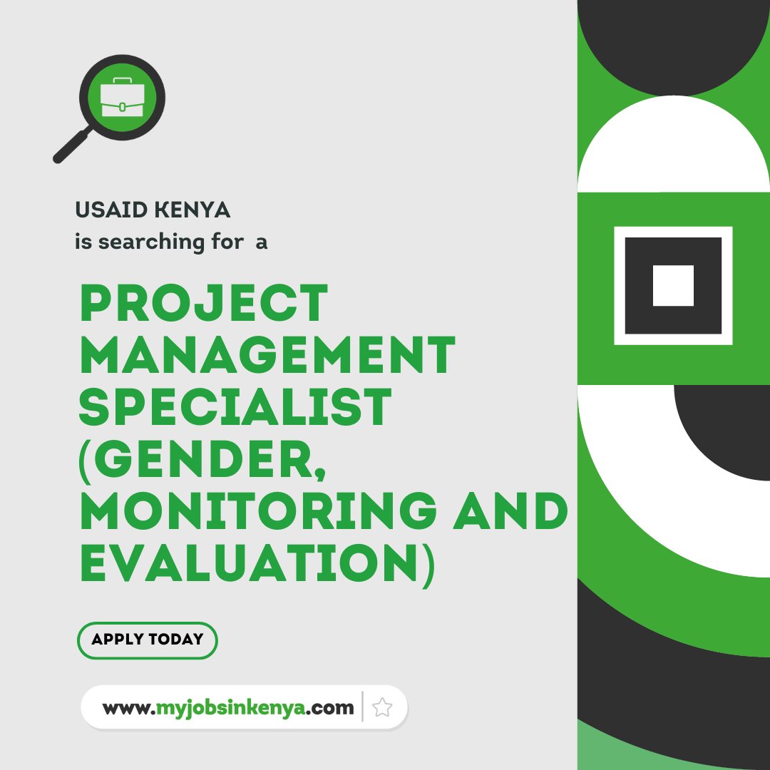 USAID Kenya is recruiting a Project Management Specialist (Gender, Monitoring and Evaluation) Visit myjobsinkenya.com or click on the link to apply lnkd.in/dy3GeC9z #job #jobs #jobsearch #jobsinkenya #jobsearching #jobseekers #jobseeker
