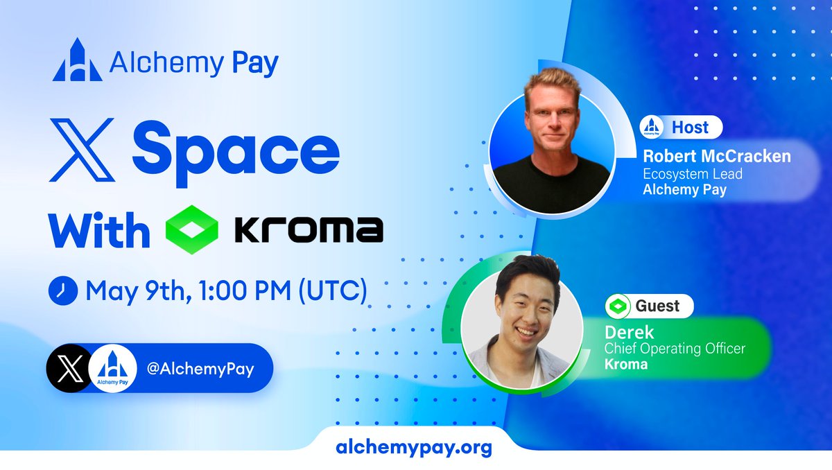 Join #AlchemyPay's Space with @kroma_network and learn about the collaboration🤝. 👉twitter.com/i/spaces/1OyJA… 📅 1:00 PM (UTC), May 9th ✅Post your questions and join the campaign app.galxe.com/quest/AlchemyP… 👀Lets explore the #web3 world with us! $ACH #twitterspace