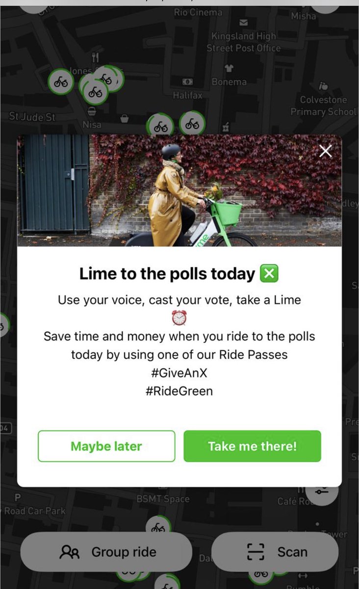 Election Day. Your most important job today lies at the polling station. #GiveAnX. Get out and vote - and with the awesome support of @limebike it’s all free ⬇️💚 Be a part of building the bright future for your neighbour and community that you deserve to see!