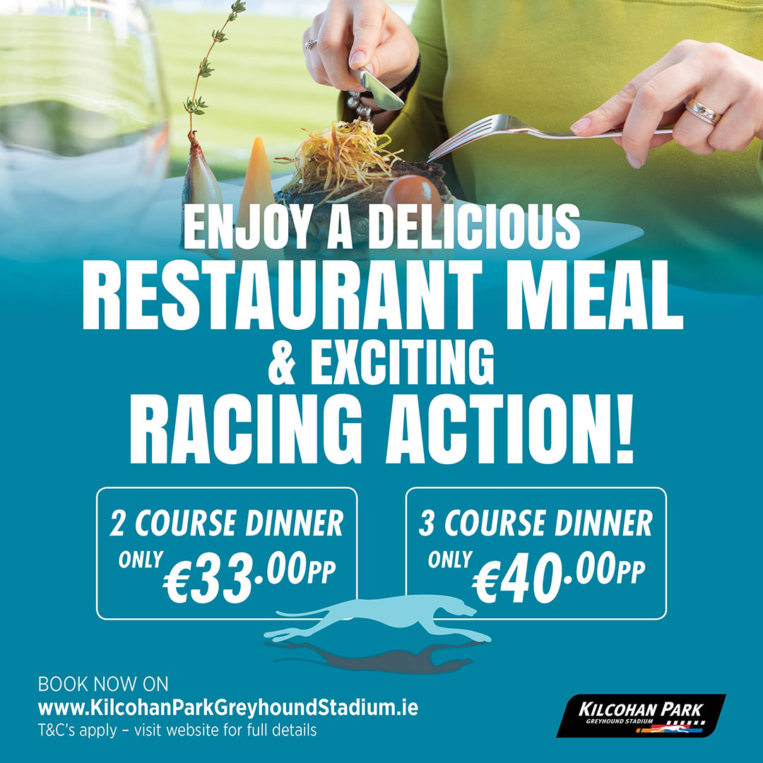Bank Holiday weekend plans?? ☀️ Our fantastic 2 & 3 course restaurant packages are available to book this Saturday night. Pleanáil d’óiche ar KilcohanParkGreyhoundStadium.ie 🍽 3 COURSE MEAL - €40pp 🍽 2 COURSE MEAL - €33pp #GoGreyhoundRacing #ThisRunsDeep #Waterford