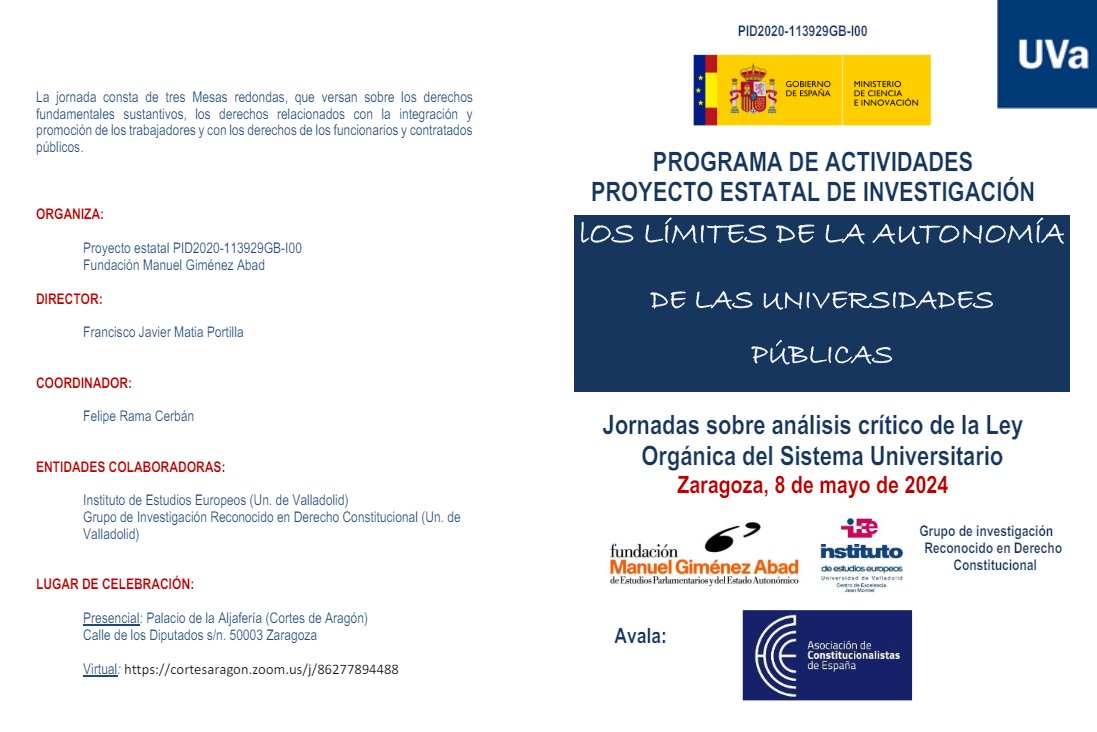 LOS LÍMITES DE LA AUTONOMÍA DE LAS UNIVERSIDADES PÚBLICAS
Dir. <a href="/FcoJavierMatia/">Francisco Javier Matia Portilla</a> 
Coord. <a href="/CerbanRama/">FELIPE RAMA CERBÁN</a> 

fundacionmgimenezabad.es/actividades/jo…
