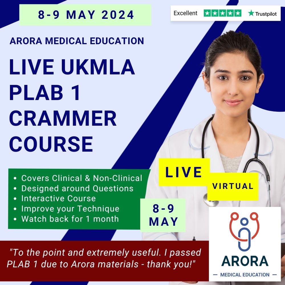 🙋‍♂️🙋‍♀️ If you’re taking UKMLA PLAB 1 exam in May then our Live UKMLA PLAB 1 Virtual Crammer Course on 8-9th May is for you! Book here: aroramedicaleducation.co.uk/live-plab-1-co…

✅ Interactive course, watch-back for 1 month, focus on guidelines

#CanPassWillPass #UKMLA #PLAB1