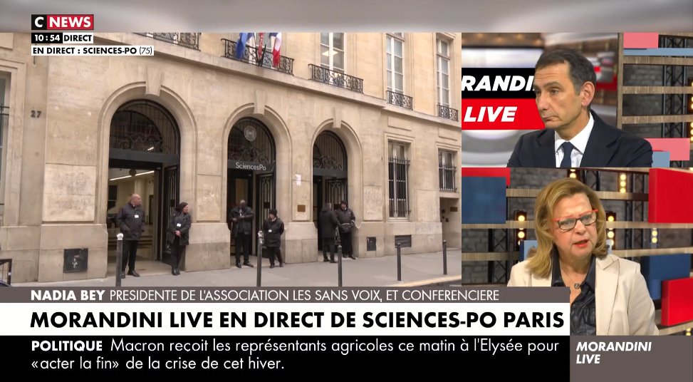 #morandinilive 

nadia bey 
'Je vois d'un bon oeil le débat à #SciencesPoParis sur la #Palestine, l'unversité est ouverte'

Ben alors pourquoi est elle aujourd'hui bloquée la cruche gauchiste et surtout pourquoi la droite y est exclue ?