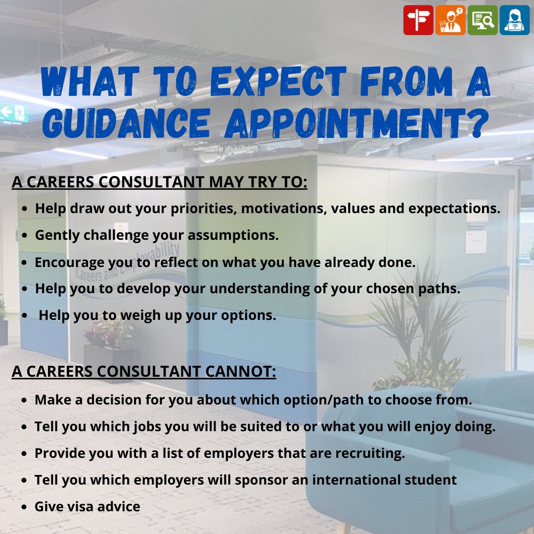 This is your appointment. You set the agenda, the pace, and are totally in control. You will also be doing most of the talking. Careers Consultants are here to facilitate your career choice and development, rather than lead it.

strath.ac.uk/professionalse…
#StrathCareers #StrathLife