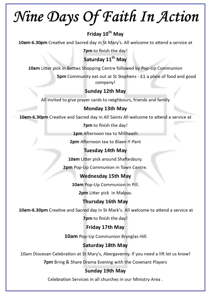 Our nine days of faith in action is fast approching! 
List below with all the events happening within our ministry area. 
All welcome to join us for an Ascension and launch service at St Stephen's on Thursday 9th May at 7pm.
#ThyKingdomCome 
#NineDaysOfFaithInAction