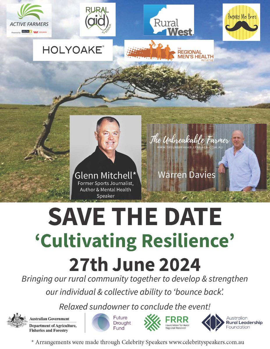 SAVE THE DATE✍️📅27 June 2024
‘Cultivating Resilience’
Bringing our rural community together to develop & strengthen our individual & collective ability to ‘bouce back’💪
Join us for an afternoon of engaging guest speakers followed by a relaxed sundowner 🍻
#FutureDroughtFund