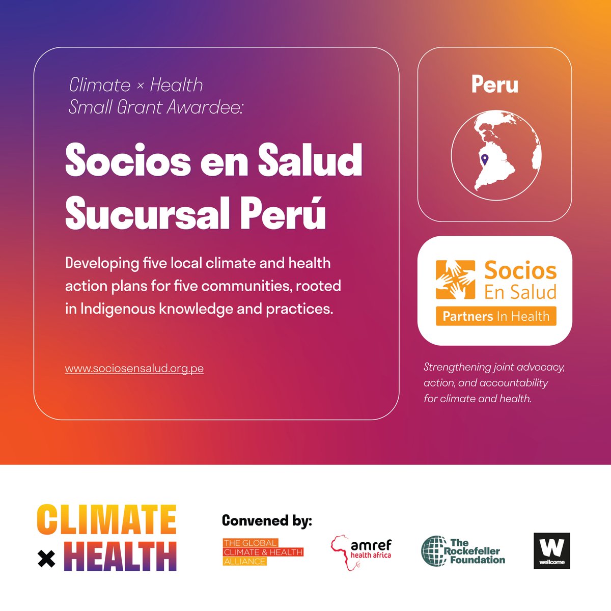 We are pleased to announce that Socios en Salud Sucursal Perú has been selected as a Climate x Health small grant awardee. Their project will create five community-specific climate & health action plans grounded in indigenous knowledge. Learn more here: climatexhealth.org/small-grants…