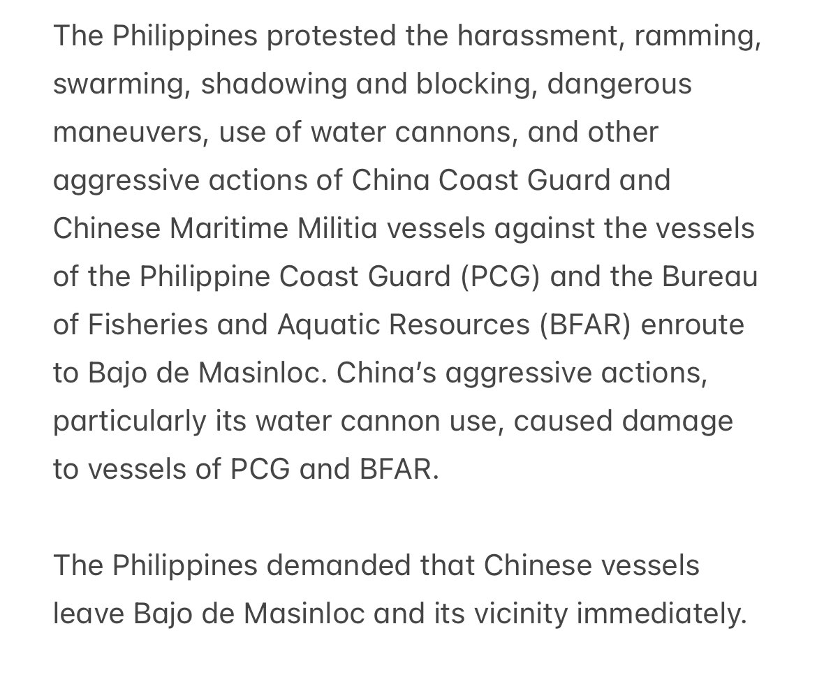 READ: The DFA says it summoned on Thursday Chinese Embassy Deputy Chief of Mission Zhou Zhiyong over China’s harassment of Philippine vessels conducting a routine and regular humanitarian mission to Bajo de Masinloc on April 30. @inquirerdotnet