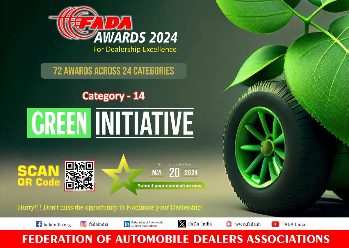 Drive towards a greener future! 🌿

FADA Dealership Excellence Awards in the Green Initiative category are now open. Nominate now, and let's pave the way to a greener future!

Link: fada.in/event-details.… 

#FADA #ONOA #FADAAwards2024 #AutomobileExcellence #NominationsOpen