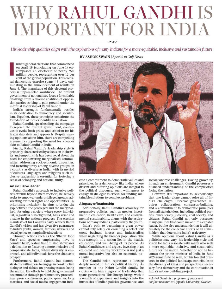 WHY @RahulGandhi IS IMPORTANT FOR INDIA. 

//His leadership qualities align with the aspirations of Indians for a more equitable, inclusive and sustainable future// - Gulf News. 

#Vote4Congress #INDIAlliance