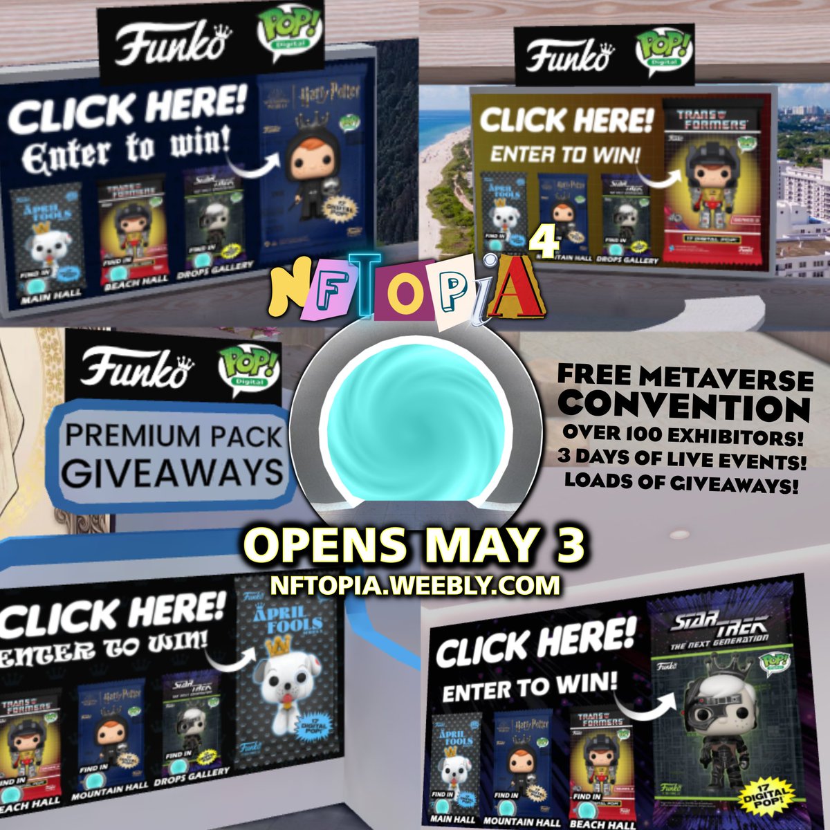 NFTOPIA 4 Metaverse Convention is MAY 3-5! 115 @WAX_io Exhibitors, LIVE Events & Galaxy of GIVEAWAYS! PRIZES include #Funko PREMIUM PACKs from #HarryPotter #Transformers #AprilFools #StarTrekTNG! ENTER AT GIVEAWAY BOOTHS inside @thenftopia Online Event at…