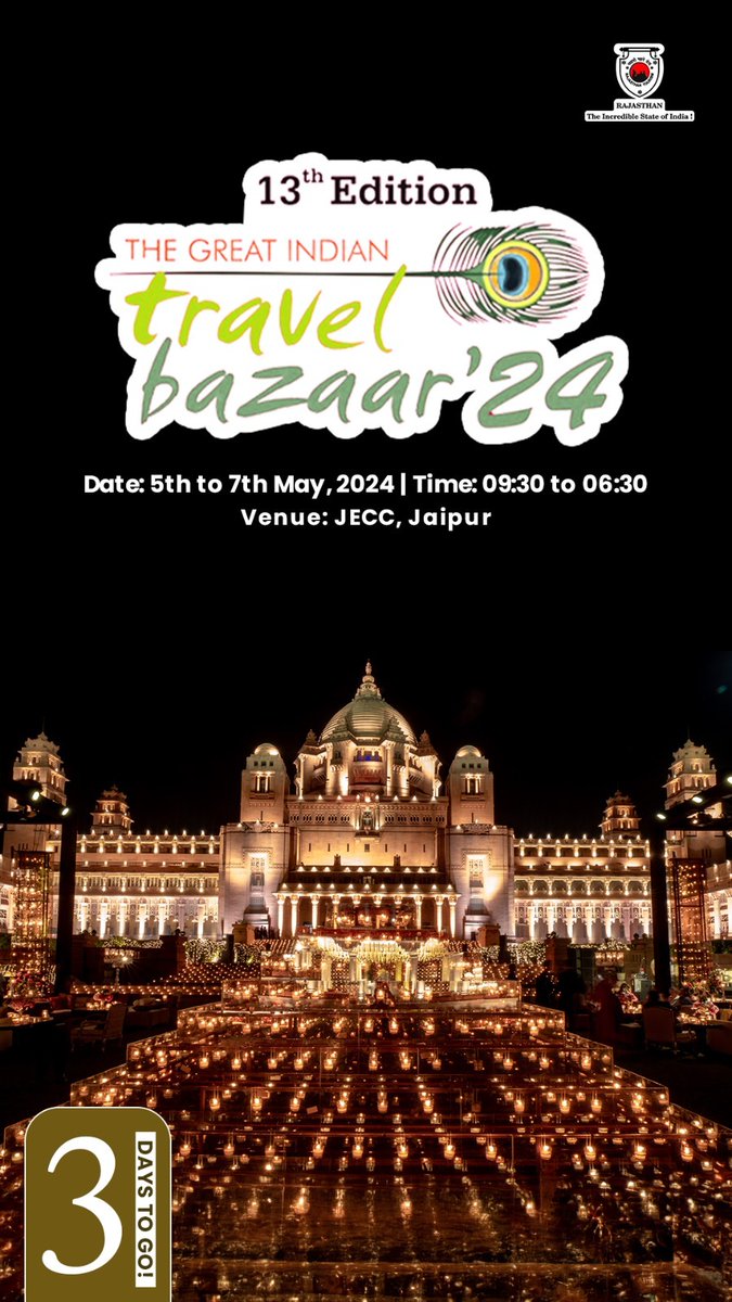 Mark your calendars for GITB in Jaipur, starting with a grand ceremony at Jai Mahal Palace on May 5th. Register now for entry!
Only 3 Days to Go!

#GreatIndianTravelBazaar #GITB #Jaipur #ExploreRajasthan #TravelRajasthan #RajasthanTourism #Rajasthan