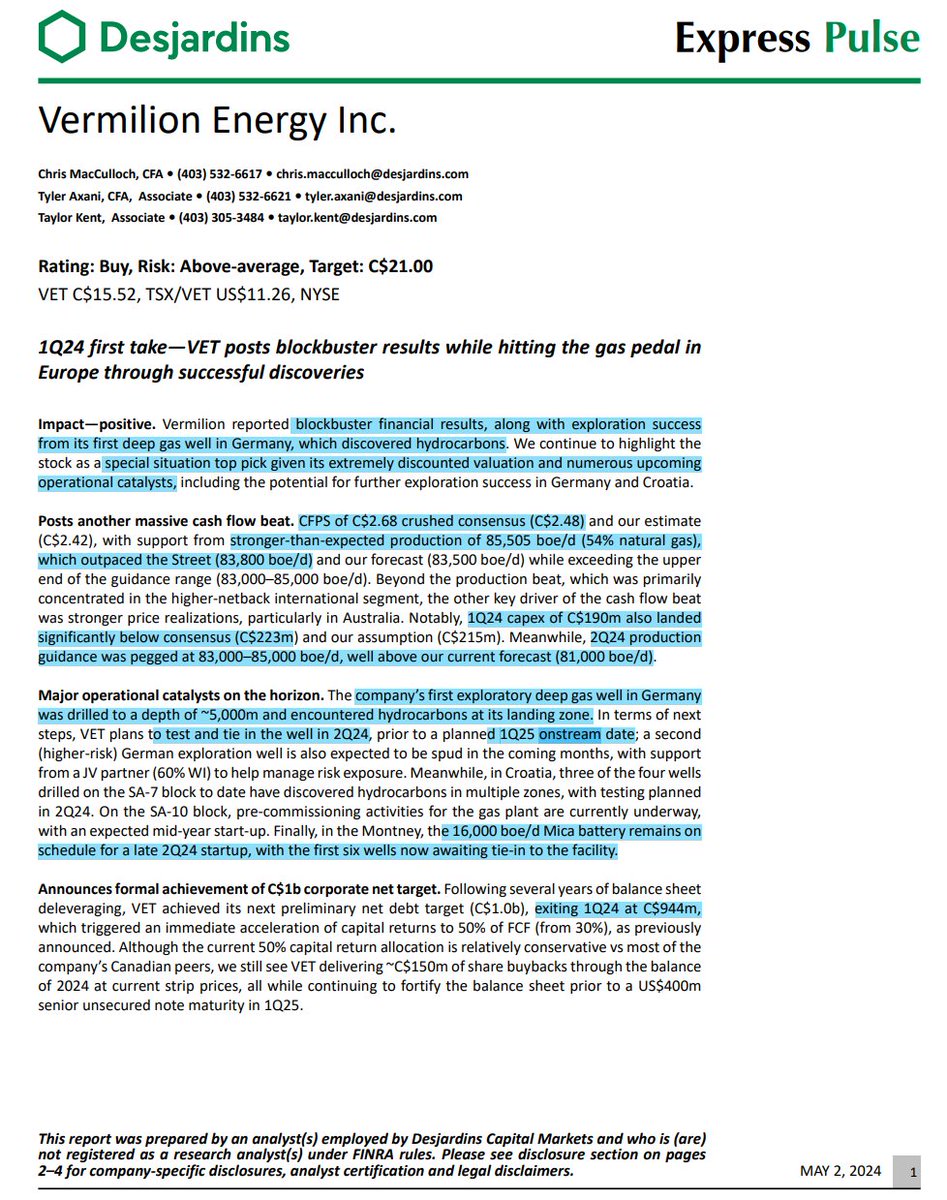 DJ on Vermilion Energy's 1Q24 '1Q24 first take—VET posts blockbuster results while hitting the gas pedal in Europe through successful discoveries' $VET $VET.TO #COM #OOTT