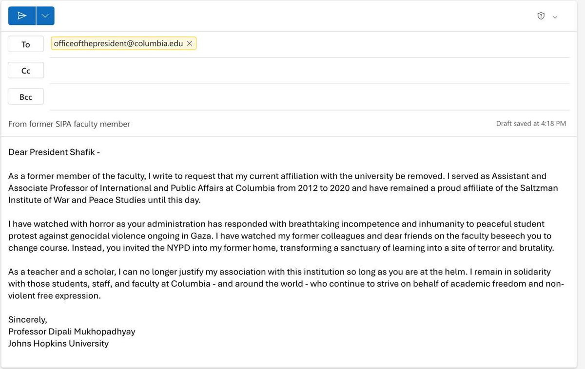 My letter to @Columbia President Shafik ending my affiliation with the university.
