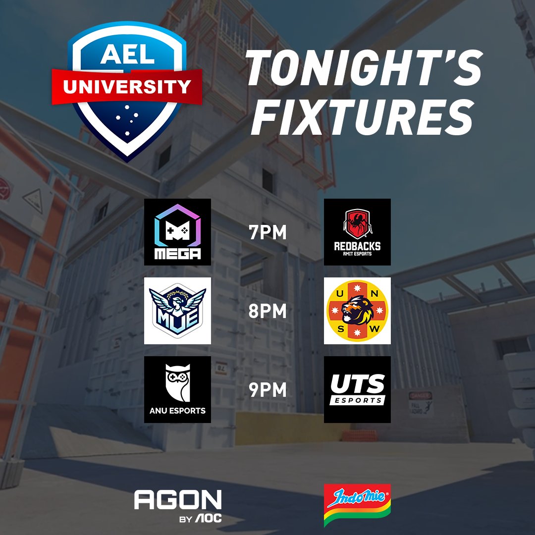 How will our playoffs look? Live tonight!

🔴6:45PM AEST
📺twitch.tv/auesportsleague
🎙️@Emperor_zK & @Mattse123
🎬@Dover888 & @TwoTapTony
 
The AEL is proudly sponsored by @AGONbyAOC & @Indomielovers

@MonashEGA @RMITesports @MelbUniEsports @UNSW_ESports @ANU_Esports @UTSEsports