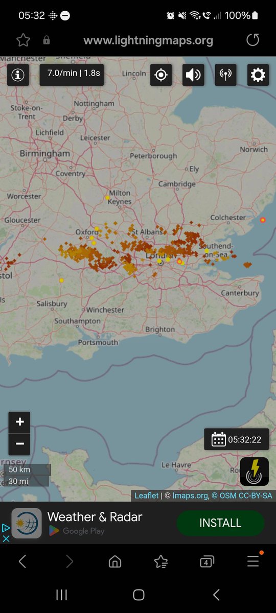For everyone in London woken up by thunder and lightning this morning, it's a line of storms 100 miles across and won't be stopping any time soon lightningmaps.org