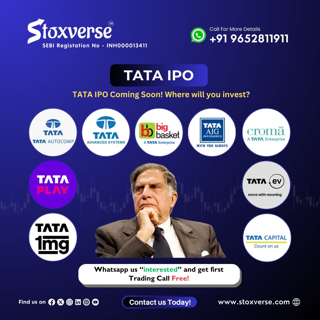 TATA IPO Coming Soon! Where will you invest?🚀📈 

#StockMarketNews #Stoxverse #Stockadvisory #Stockmarketinvesting #NSE #BSE #DIVISLAB #bajajauto #TataMotors #TCS #SUNPHARMA #MarutiSuzuki #PowerGrid #titan