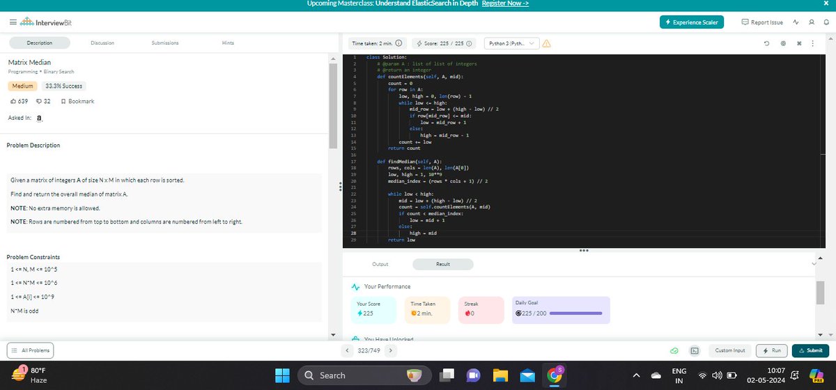 Hey Everyone, I  had started #365daysofcodescaler  Challenge with @scaler_official from 02/01/2024 onwards.   
#Day122  completed. 
Question: Matrix Median 
#scalerdiscord 
#codewithscaler 
#365DaysofCode  
Discord Link: discord.com/channels/78006…