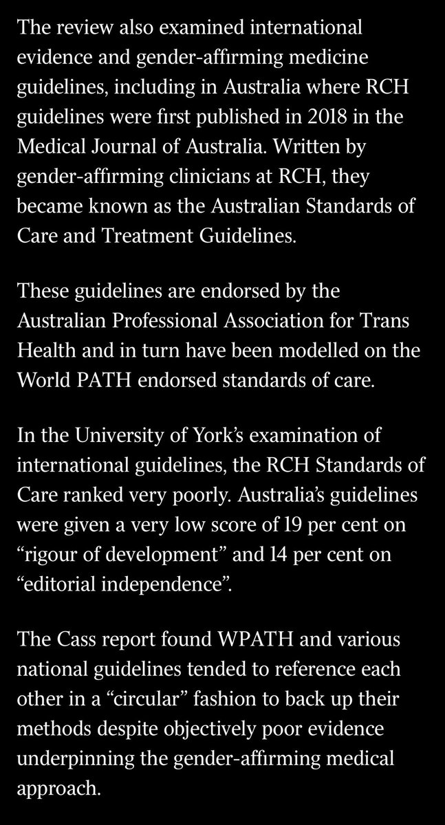 Don’t let anyone tell you that the #CassReview is not relevant in Australia 🇦🇺. It reviewed the so called Standards of Care written by the Royal Children’s Hospital (RCH) which ranked very poorly with low scores of 19% on
rigour of development and 14% on editorial independence.