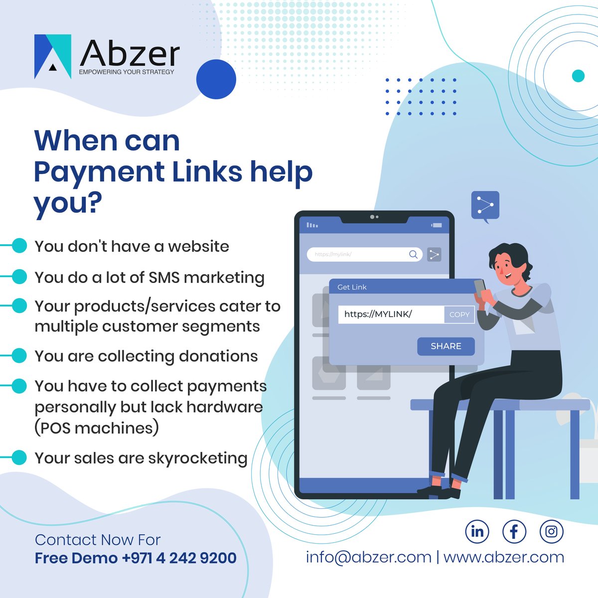 Getting paid has never been simpler! 

Say goodbye to chasing invoices and hello to Abzer's Easy to use Payment Links.

Are you prepared to simplify your payment process? 
Visit abzer.com/payment-links/ to find out more! 

#PaymentLinks  #AbzerDMCC    #GetPaidFaster