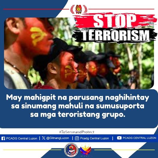 STOP TERRORISM!

#BagongPilipinas #ToServeandProtect #PcadgCentralLuzon #PhilippineNationalPolice #psbalita #PCADGgitnangLuzon
@GitnangLuzon
@GitnangPcadg
@PcadgCentralLuz
@PCADGCentralLuzon
PCADG Central Luzon