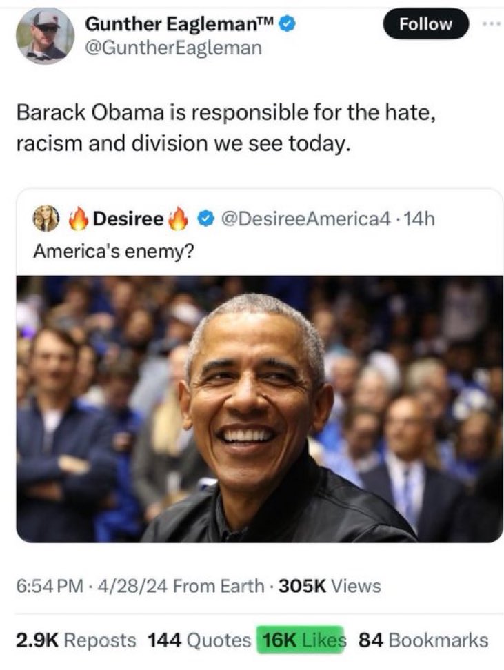 Nah…take responsibility for your own fucking racism & how you can’t get over the fact a Black man & his beautiful family lived in the WH for 8 years!!! Gunther is pure trash, racist trash, cloaked in White Male Supremacy.