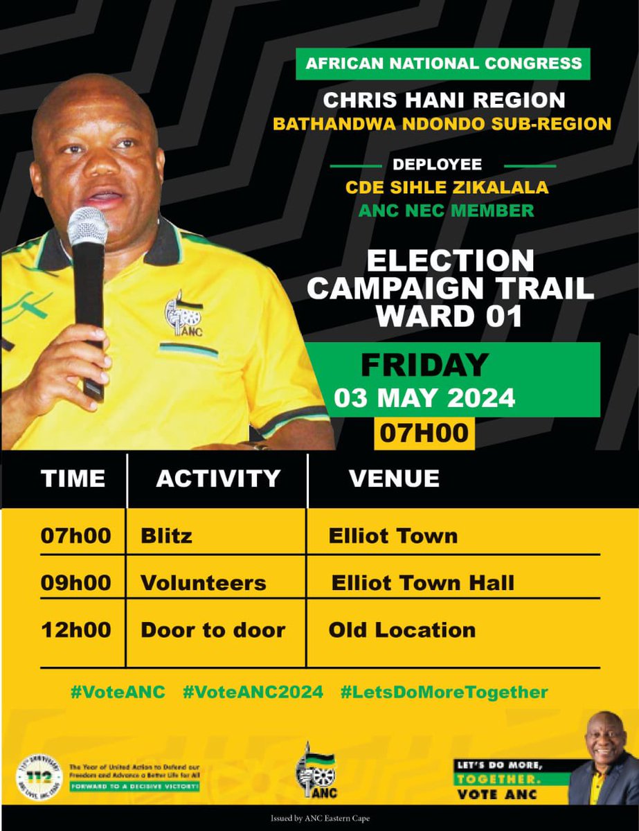 CAMPAIGN TRAIL in Eastern Cape. This Friday, 03 May 2024, we continue with our door-to-door activities at the Chris Hani Region, Bathandwa Ndondo Sub-Region in the Eastern Cape. #VoteANC2024 #LetsDoMoreTogether 🖤💚💛 @anc_hani @Anceasterncape @MYANC