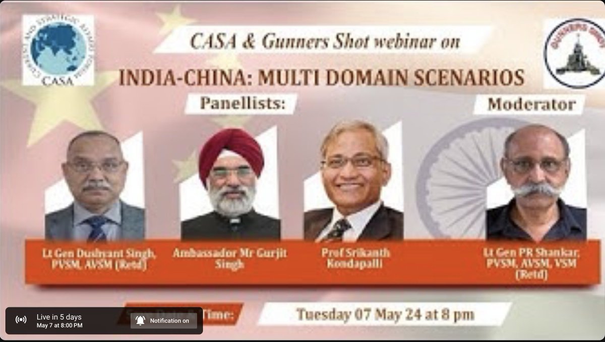 CASA & @gunners_shot1 presents its next event a Web discussion on Tuesday 7 May 2024 at 8pm IST on INDIA-CHINA: MULTI DOMAIN SCENARIOS. We bring you a panel of eminent experts who will be sharing their views. Click on link to view.youtube.com/watch?v=wz_Ki4…
