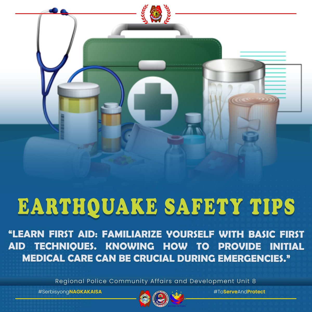 𝗘𝗔𝗥𝗧𝗤𝗨𝗔𝗞𝗘 𝗦𝗔𝗙𝗘𝗧𝗬 𝗧𝗜𝗣𝗦

'Learn First Aid: Familiarize yourself with basic first aid techniques. Knowing how to provide initial medical care can be crucial during emergencies.'

#BagongPilipinas 
#ToServeandProtect 
#pcadgeastenvisayas