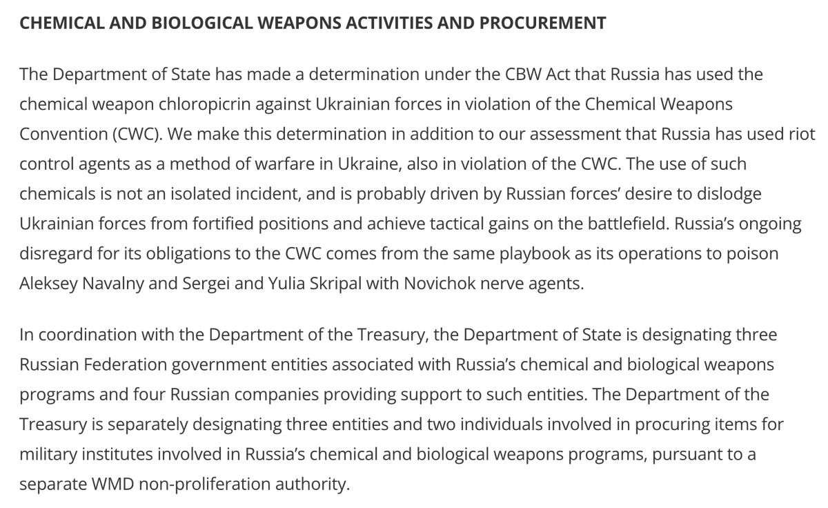 State Department: 'Russia has used the chemical weapon chloropicrin against Ukrainian forces in violation of the Chemical Weapons Convention (CWC)...Russia has used riot control agents...in Ukraine, also in violation of the CWC. [This] is not an isolated incident.'