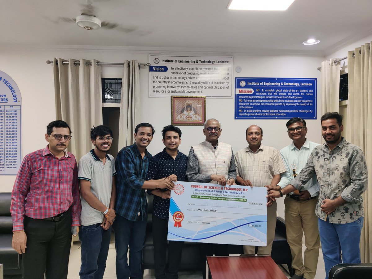 Glad to share that our students @ IET Lucknow won First prize of INR 1.00 LAC in Innovative Projects Contest organized by Council of Science &amp; Technology, Uttar Pradesh, Lucknow #Innovations <a href="/NNFIET/">Navyug Navachar Foundation, IET Lucknow</a> <a href="/Vineetkansal2/">Prof. Vineet Kansal</a> <a href="/anandibenpatel/">Anandiben Patel</a>