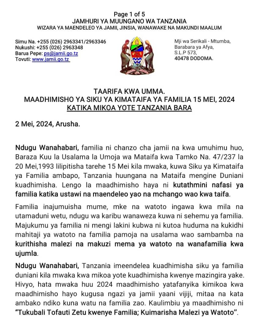 Kuelekea Siku ya Familia Duniani 15 Mei, 2024.

Fahamu 👇
1. Ipi ni historia ya siku ya familia duniani?
2. Familia ni akina nani?
3. Tunaadhimisha vipi siku hii mwaka huu? 

KUMBUKA: Familia yako ni Baraka yako, ipende, iheshimu, ijali na itakie Heri daima 💕

Nakutakia wewe na…