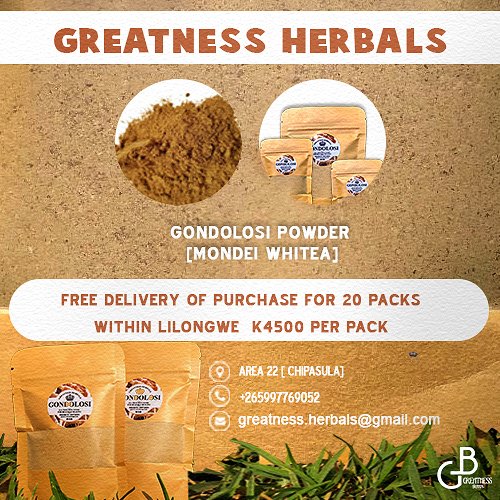 Buy your Gondolosi Powder from Greatness Herbals Today 📍Lilongwe koma amatumiza kulikonse . Call +265997769052