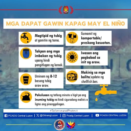 Things to do when there is an El Niño!

#BagongPilipinas #ToServeandProtect #PcadgCentralLuzon #PhilippineNationalPolice #psbalita #PCADGgitnangLuzon
@GitnangLuzon
@GitnangPcadg
@PcadgCentralLuz
@PCADGCentralLuzon
PCADG Central Luzon