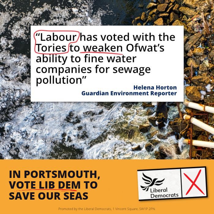 People tell me they are utterly furious with Portsmouth's Labour MP voting with the Tories to let Southern Water off the hook. The best way to vote to save our seas and stop the sewage today is to elect hard-working Liberal Democrat councillors.