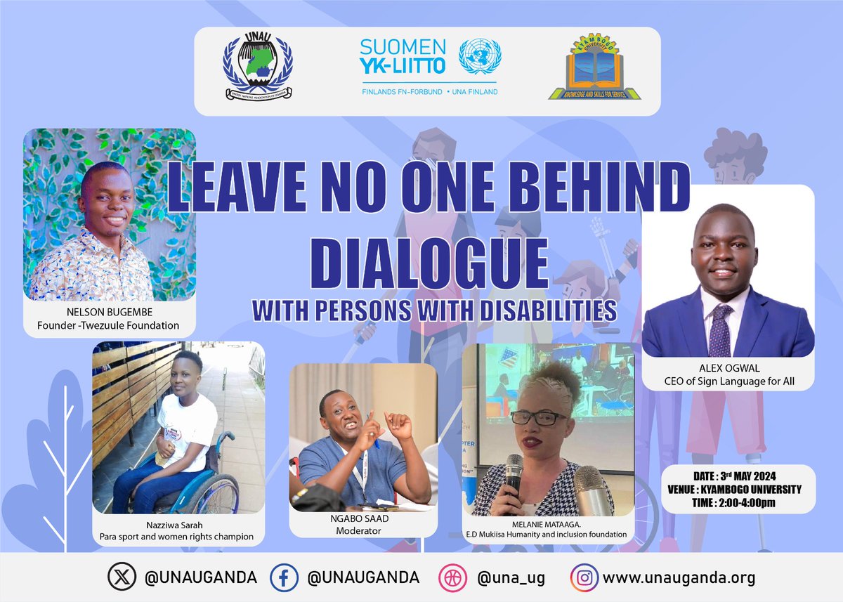 #Happening Soon!!

Inclusive conversations together with Persons with disabilities.

How #PWDs are championing Sustainable Development Goals. 

When: 03:05:2024

Where: Kyambogo University 

Time: 2:00 PM 

Moderator: Ngaabo Saad.

#LeaveNoOneBehind 
#Agenda2030
