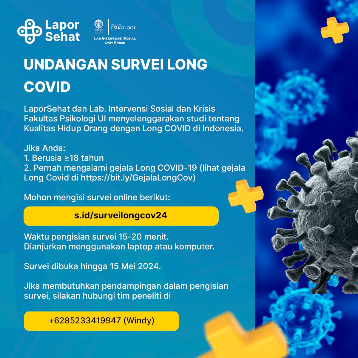 LaporSehat's tweet image. Apakah anda pernah mengalami gejala Long COVID, seperti sesak nafas, depresi, brain fog, susah fokus setelah sembuh dari COVID?

Jika Anda:
1. Berusia ≥18 tahun
2. Pernah mengalami gejala Long COVID-19

Kami mengundang Anda untuk mengisi survei online s.id/surveilongcov24