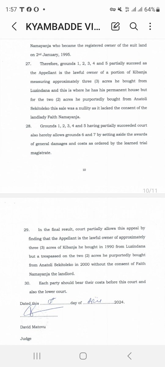 MATOVU,Judge at MUKONO made an unconstitutional decision that a person who,in 2000,22 years back,bought land from an occupier & he thereupon replaced him is a TRESPASSER purportedly bz,he didn't obtain consent from an absent LANDLORD. This Feudalism must STOP