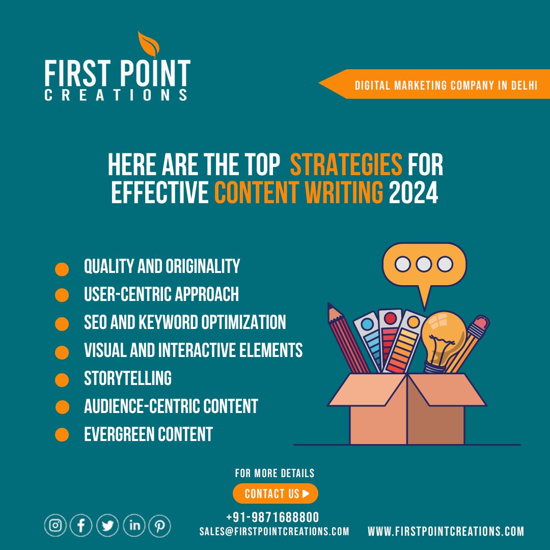 Here are the top strategies for effective content writing 2024. . FOLLOW US @firstpointcreations Contact Details: ☎ +91 9871688800 🌐 firstpointcreations.com 📧 Email: sales@firstpointcreations.com ✅ WhatsApp Chat: wa.me/919871688800 . #contentmarketingservice #fpc